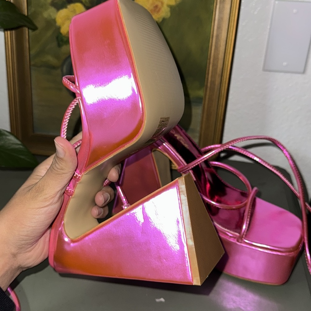 Pink Metallic Strappy Platform Heels - Picture 5 of 8